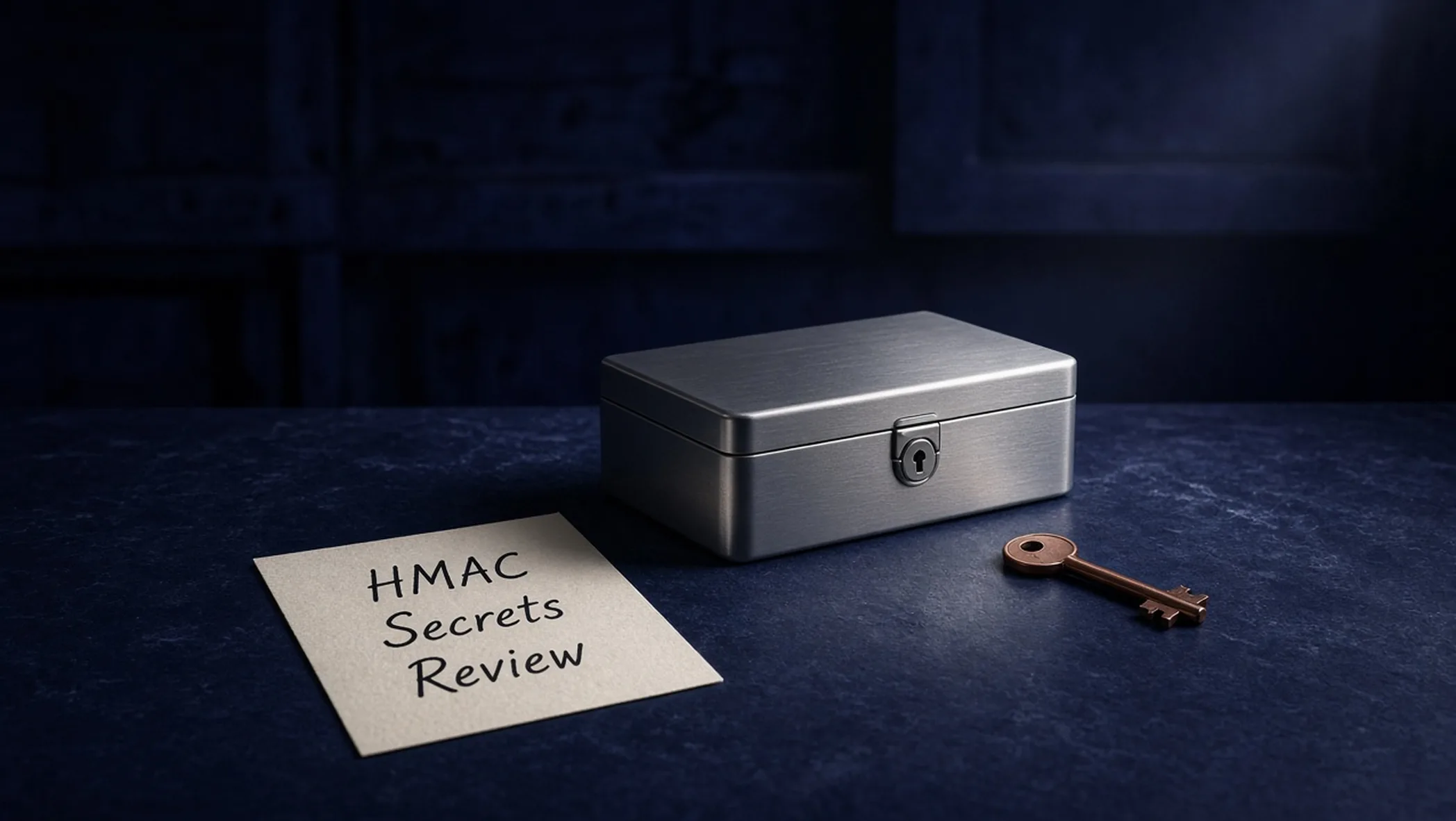 Steel lockbox and copper key on a dark slate bench, with a cream card labeled HMAC, Secrets, Review
