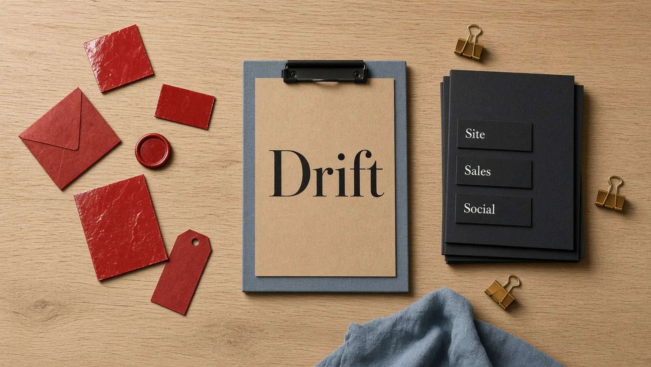 Overhead of mismatched stationery on the left and an aligned ink-black stack on the right, clipboard labeled Drift