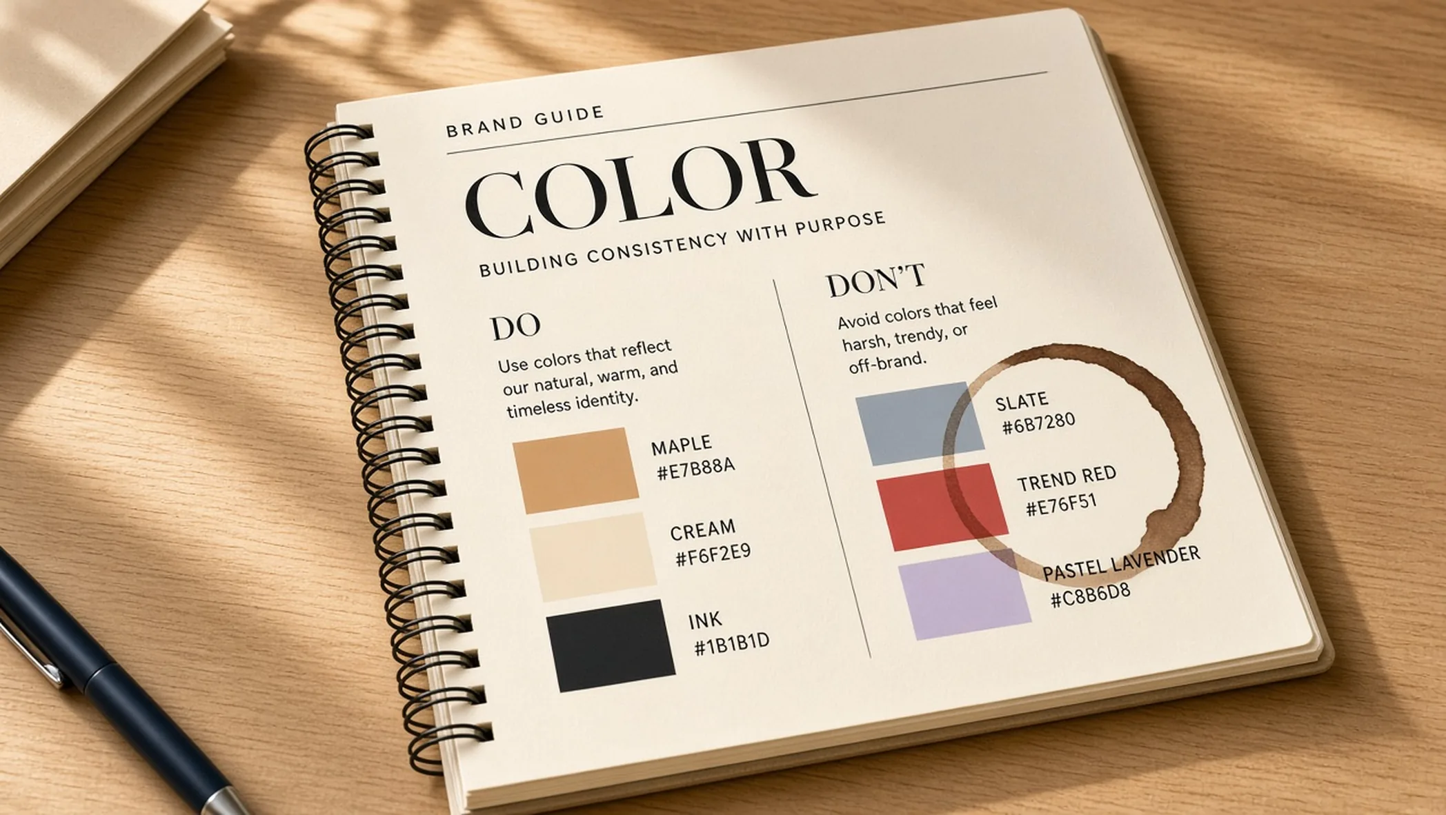 A cobalt one-page card titled Non-negotiables beside an open paper drawer of labeled templates, on a warm gray desk