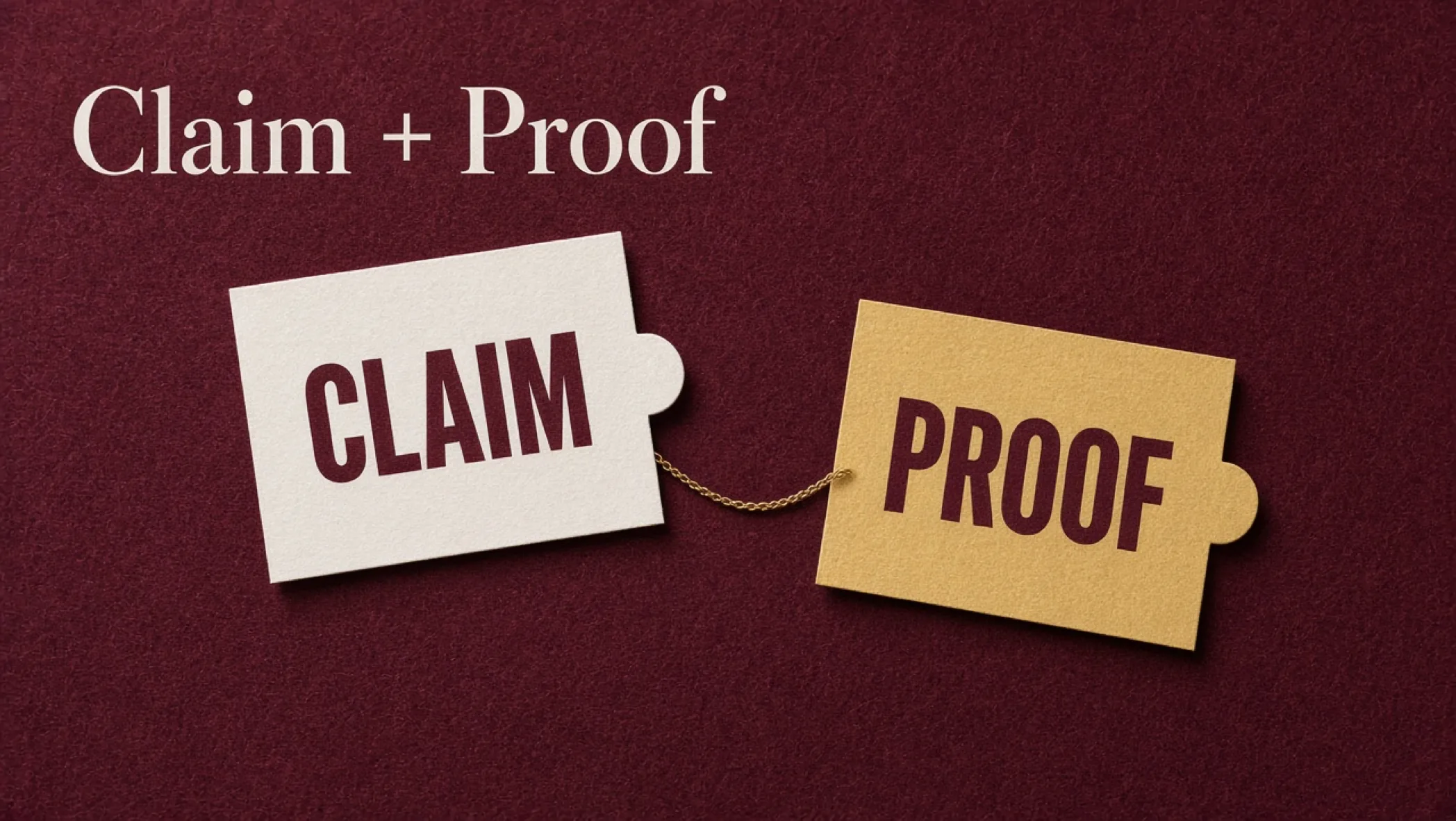 Two linked index cards labeled Claim and Proof on a slate desk, graphite pencil, no screens