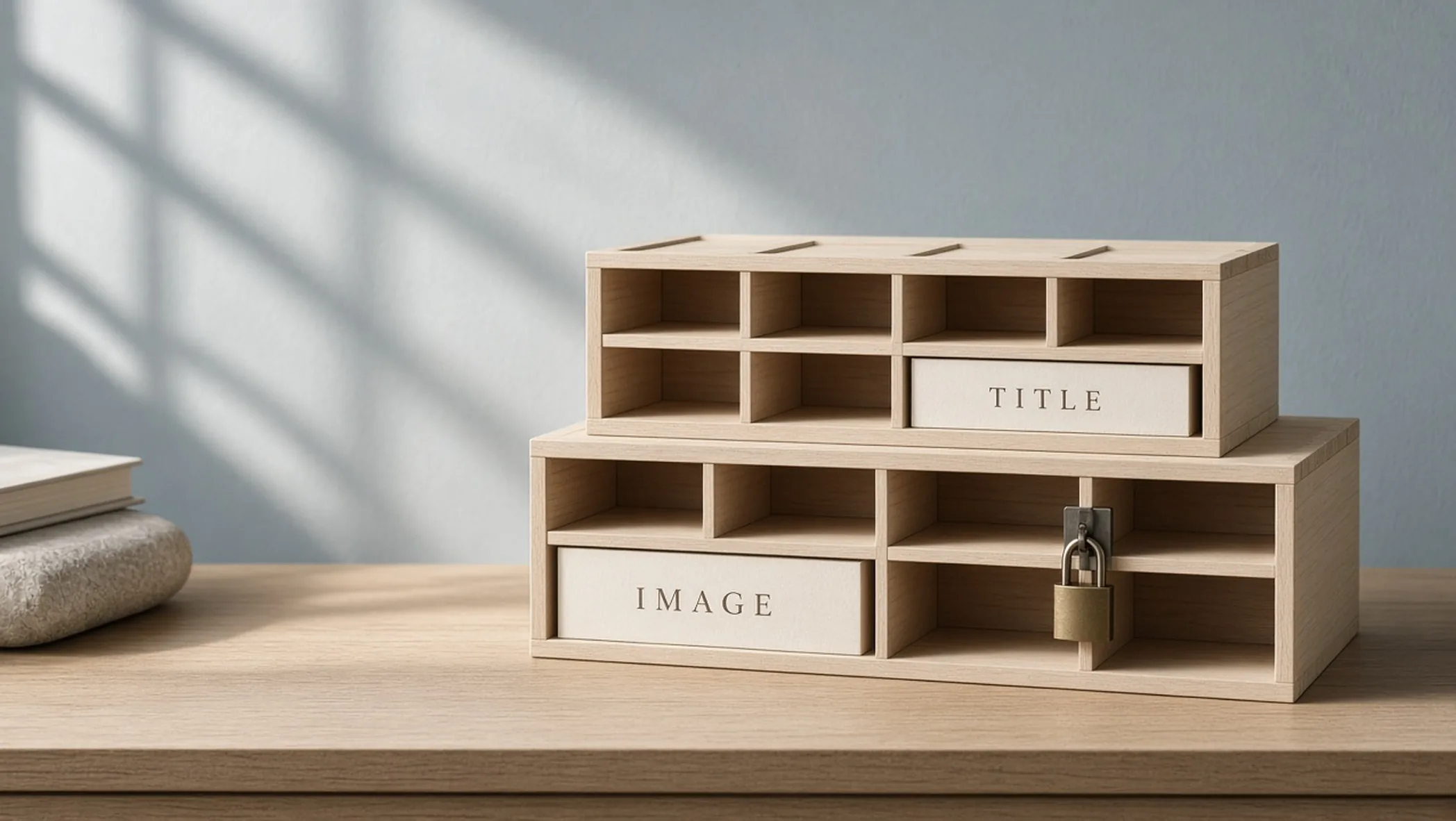 A typesetter tray of labeled slots for headline, proof, and image alt, next to a locked frame and one button