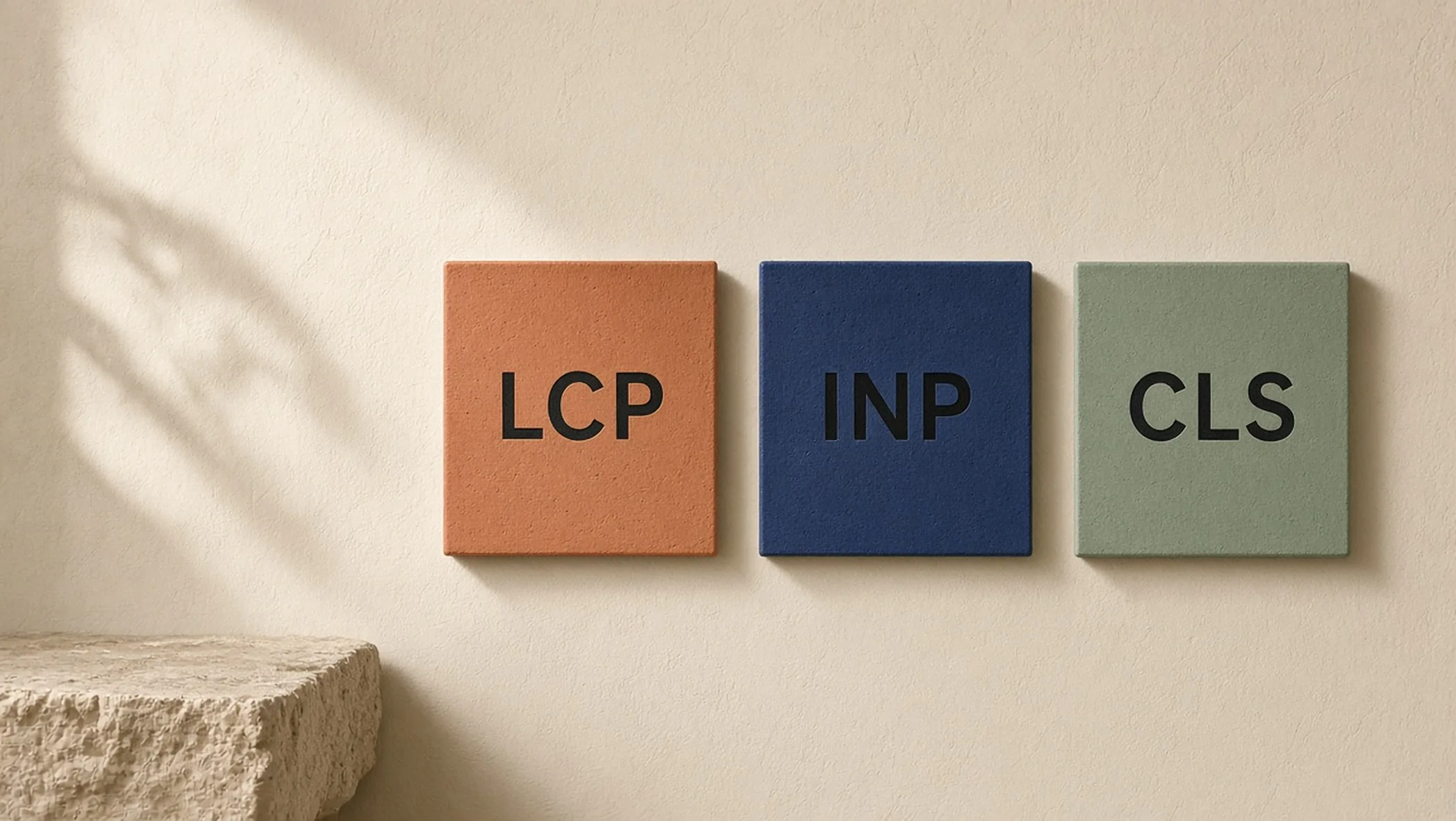A pale oak table with three name cards for design, content, and engineering, a field report sheet marked LCP, INP, and CLS, and a closed laptop labeled lab