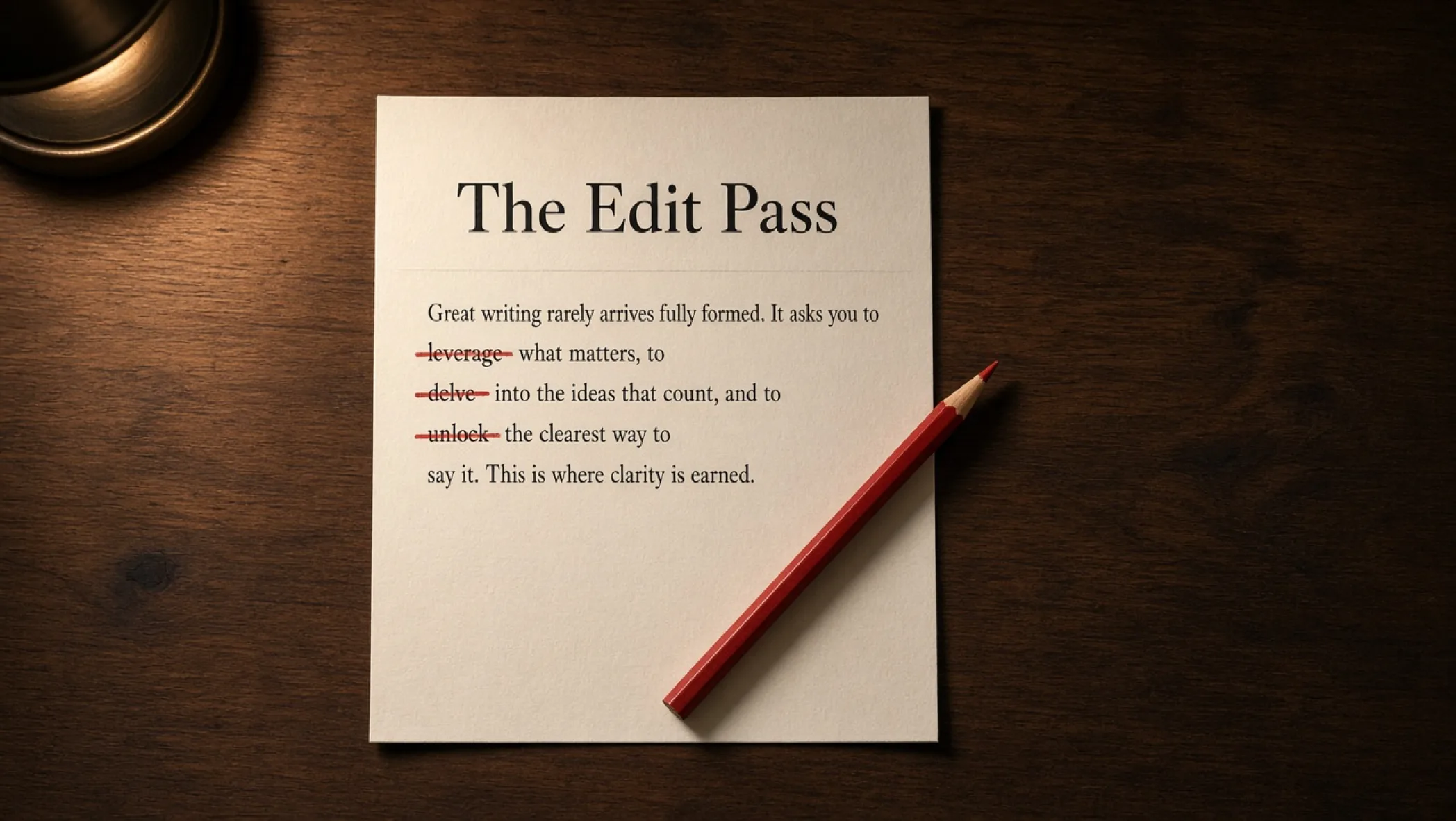 A printed page with a red pencil crossing out generic phrases and a single handwritten specific sentence beside them