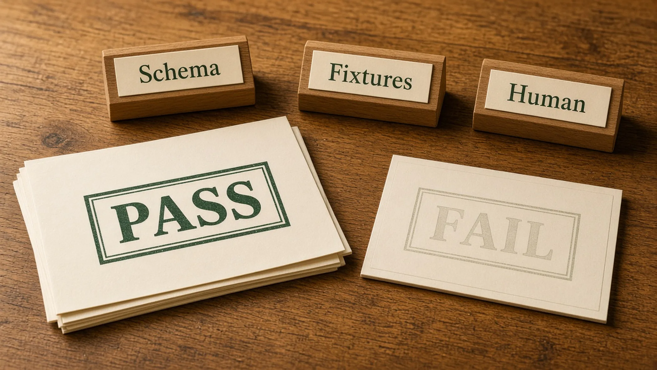 Clipboard stamped PASS beside a cream JSON schema card on a linen desk