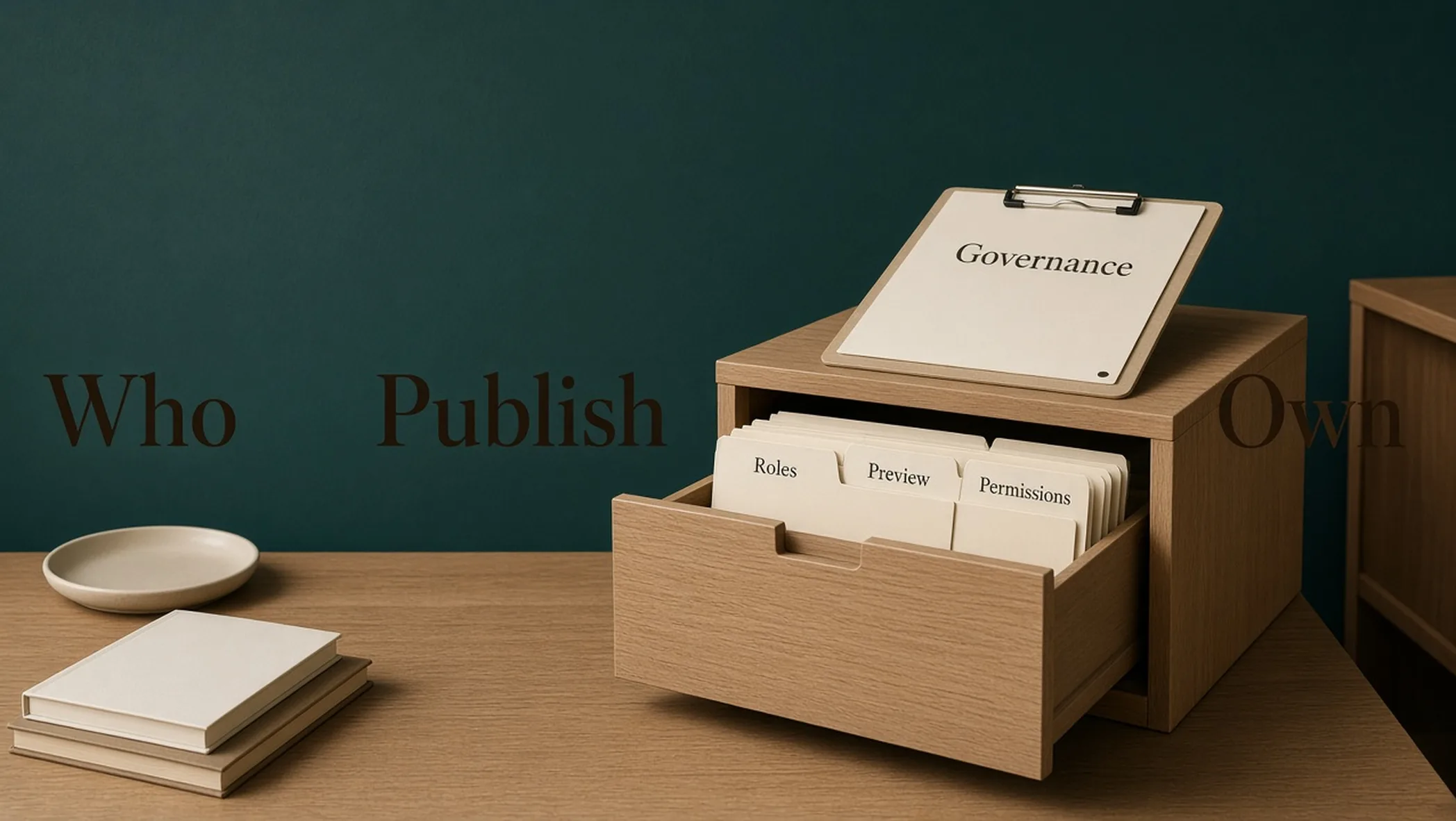Editorial desk with a Roles card, a Preview stamp, and a cream CMS box