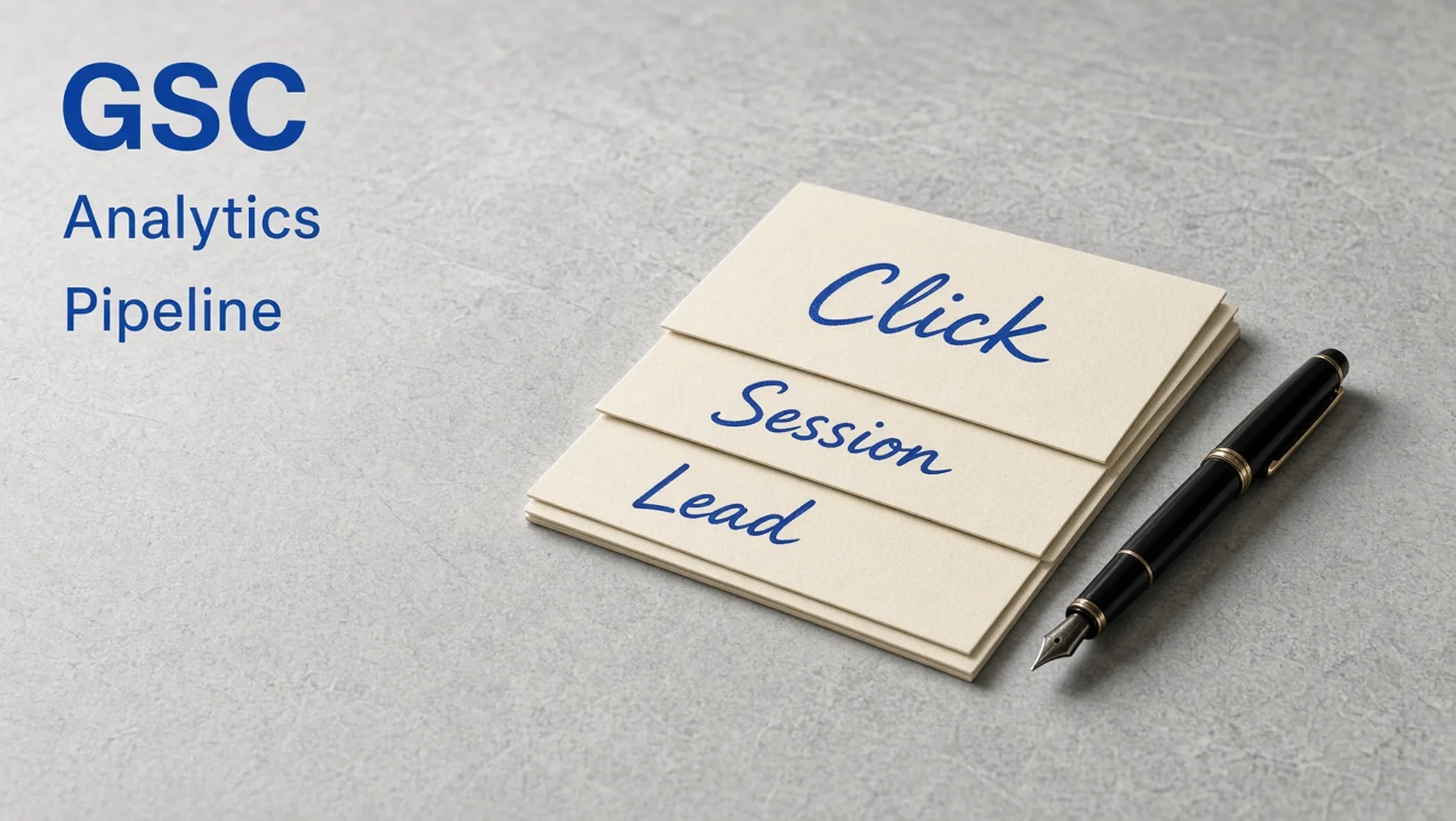 Cream index cards labeled Click, Session, and Lead on a pale stone desk, with GSC, Analytics, and Pipeline labels