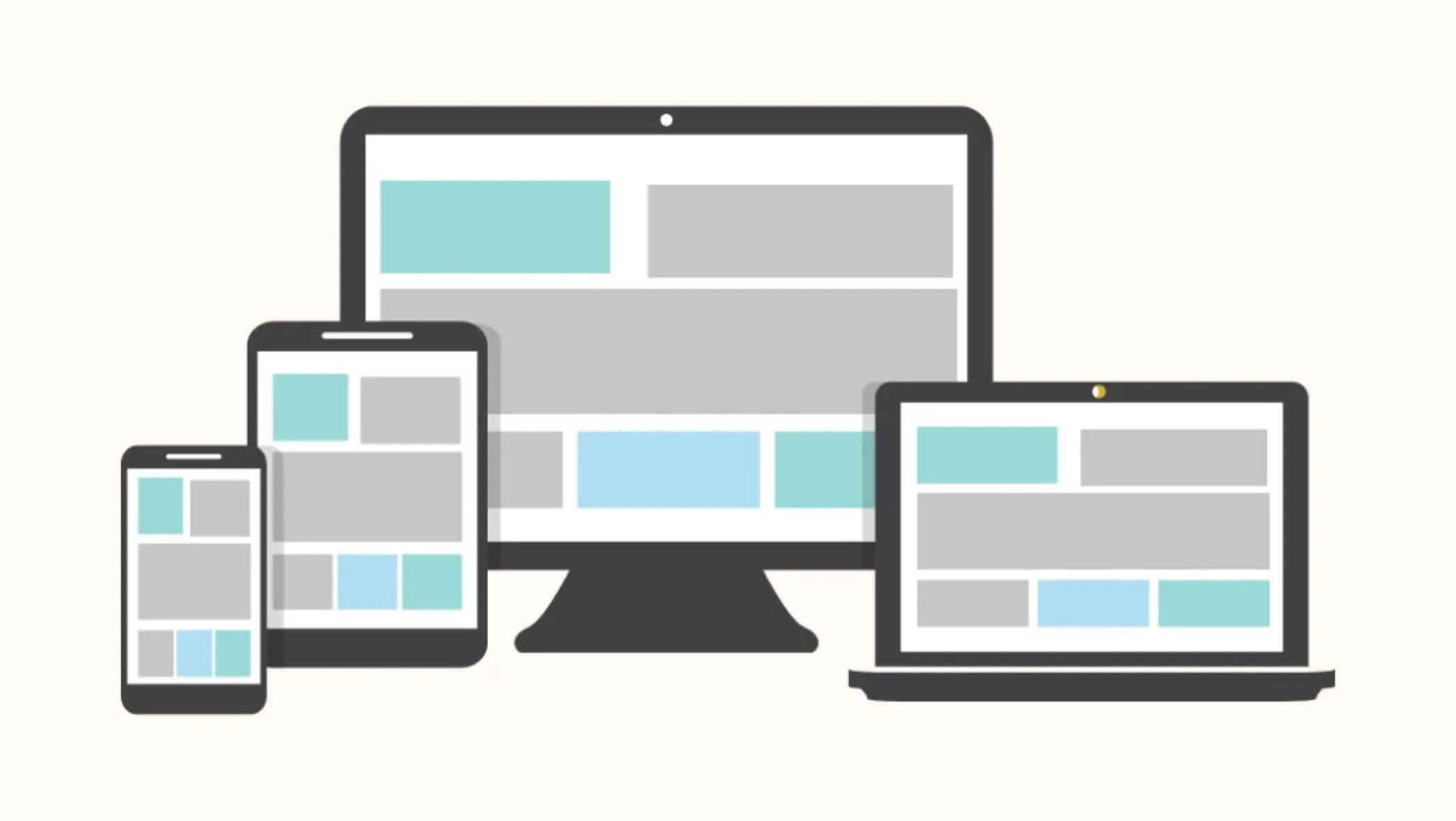 Illustration of responsive website wireframes on a desktop monitor, laptop, tablet, and smartphone