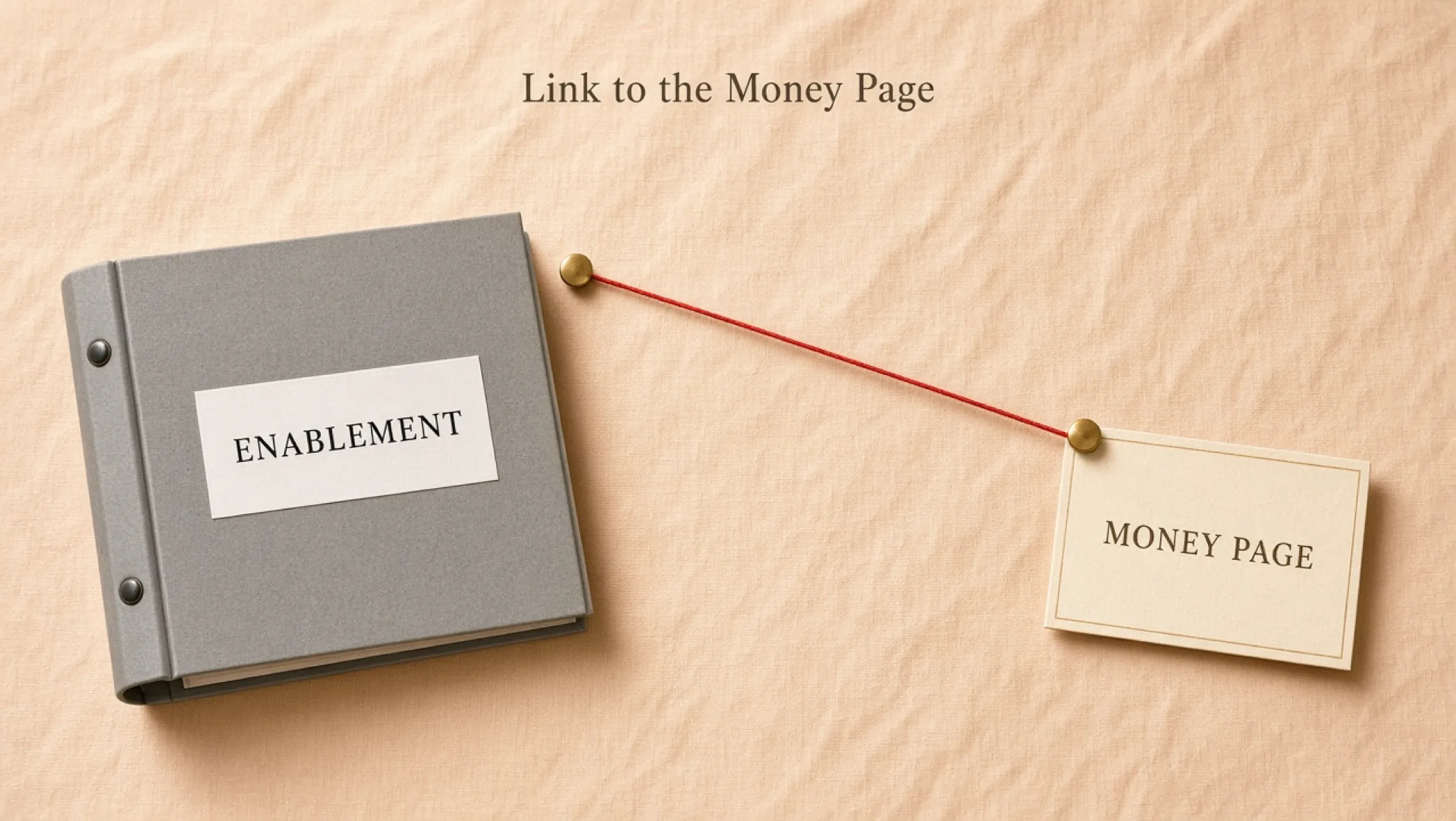 Three paper bridges of different lengths connecting a row of small desk cards to one larger card