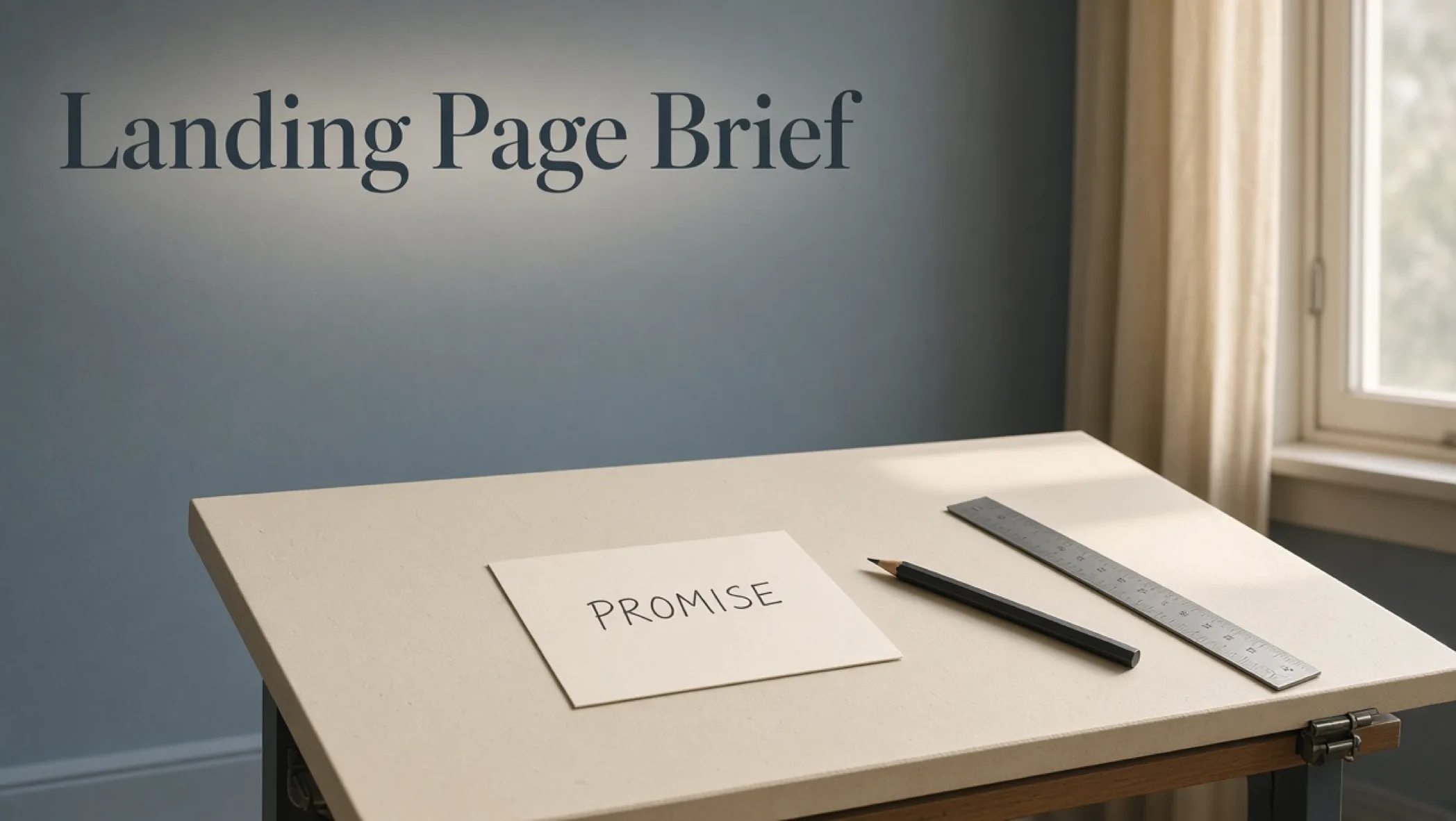 Cream drafting table with a folded brief card labeled Promise and one red pencil, soft window light