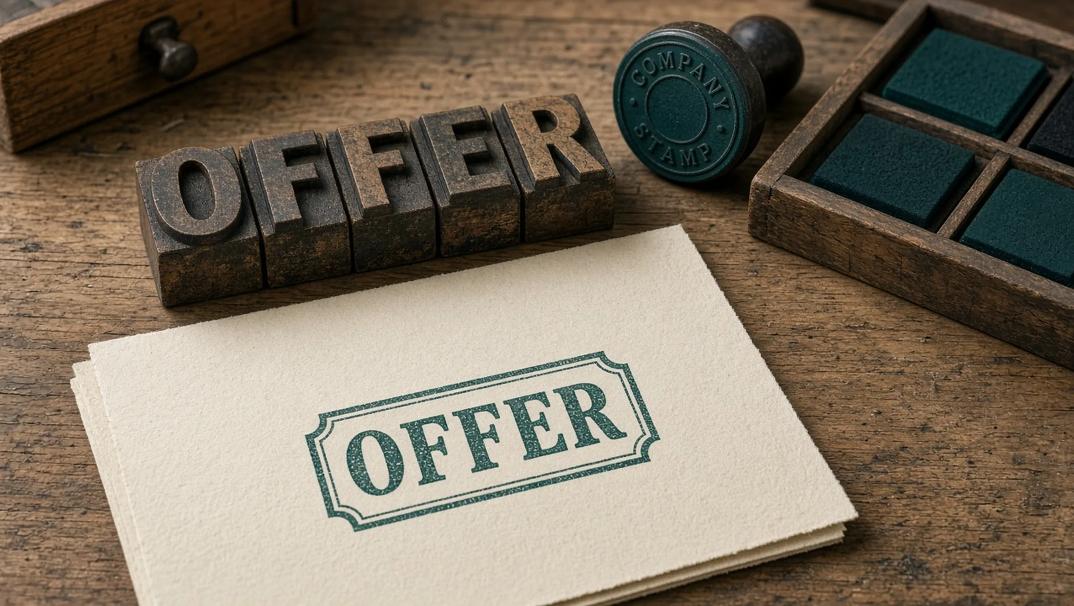 A clay card with a short offer name beside a homepage headline line, on a charcoal walnut desk with empty space