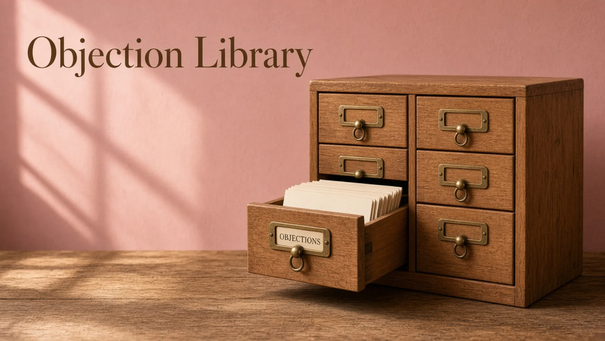 A shallow wooden card drawer with handwritten index cards, one pulled forward with a quoted sentence