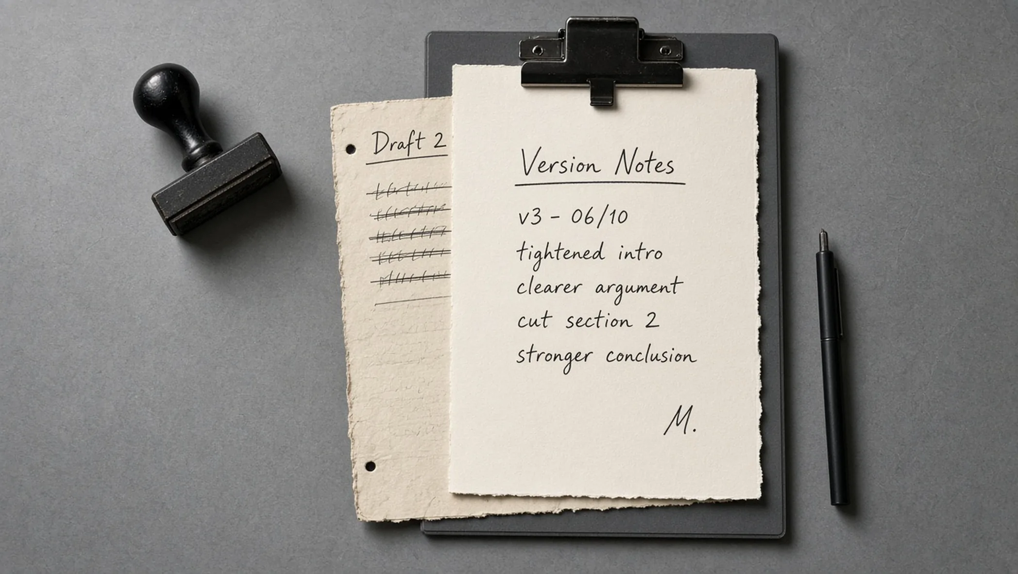 Cool gray desk with a clipboard holding a handwritten version note, a sealed black ink stamp, and the previous draft clipped underneath, overhead light