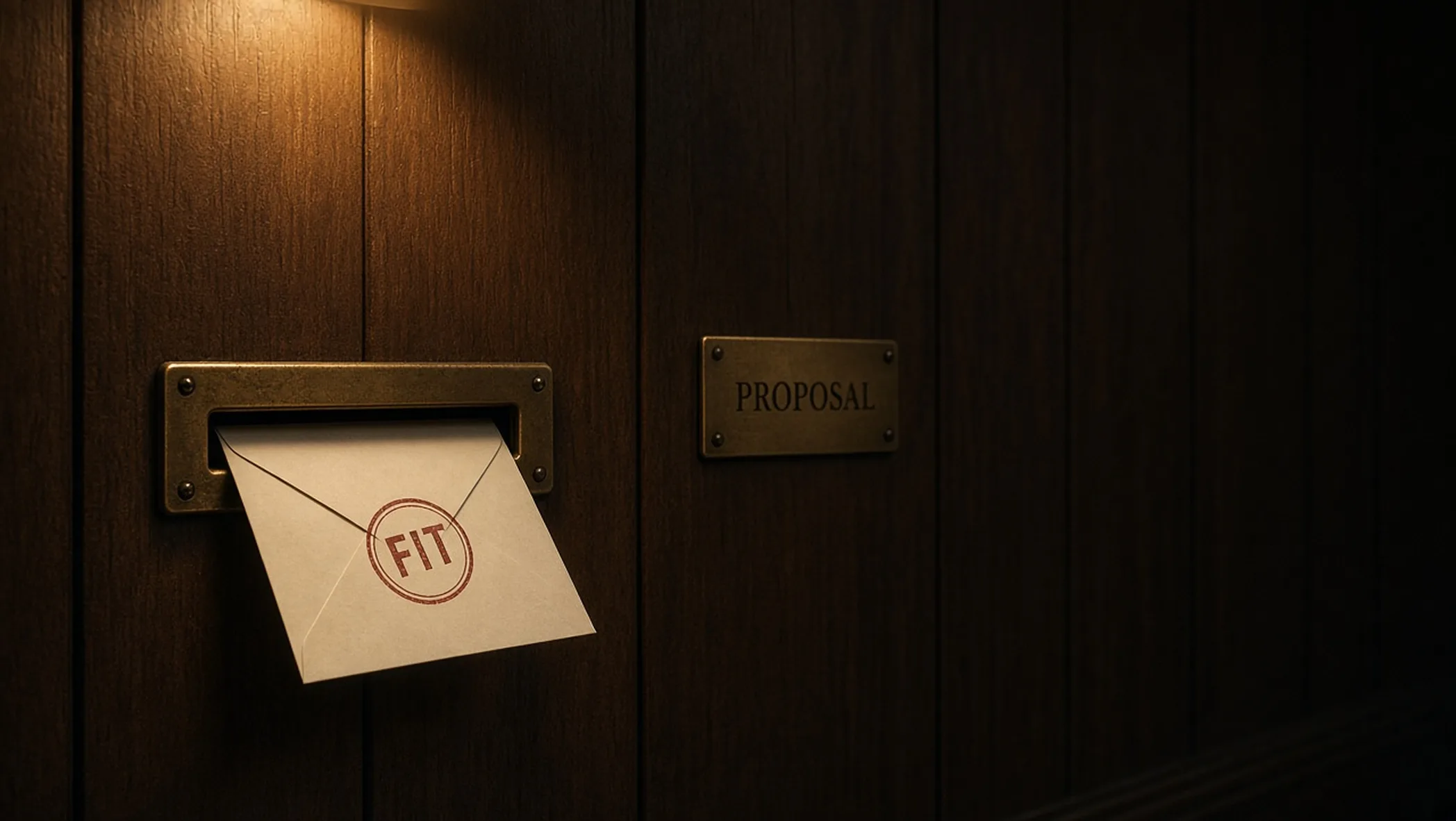 Brass mail slot in a dark wood wall with a cream envelope stamped FIT next to a plaque that reads Proposal