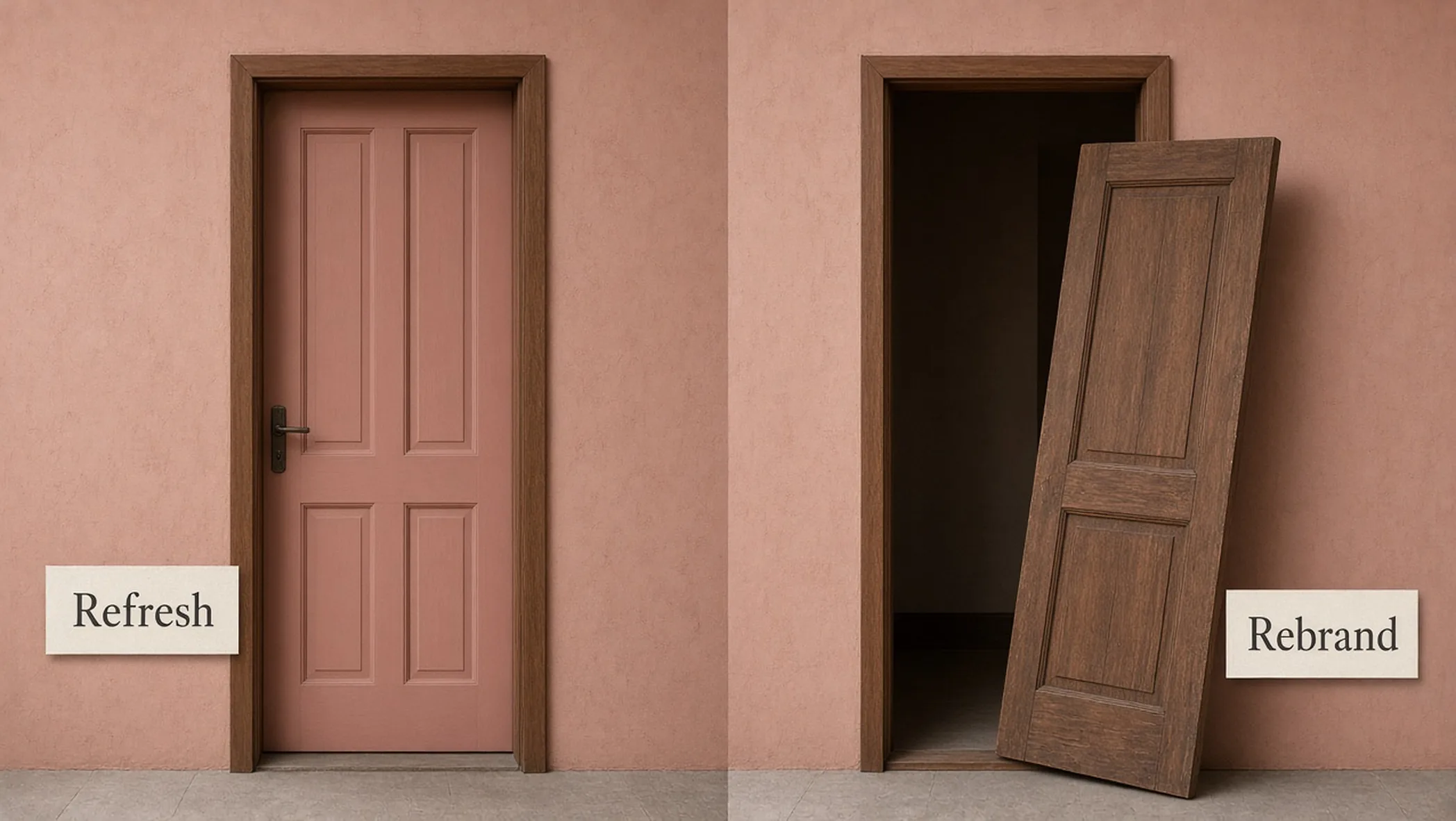 Two cream doors labeled Refresh and Rebrand on a warm plaster wall
