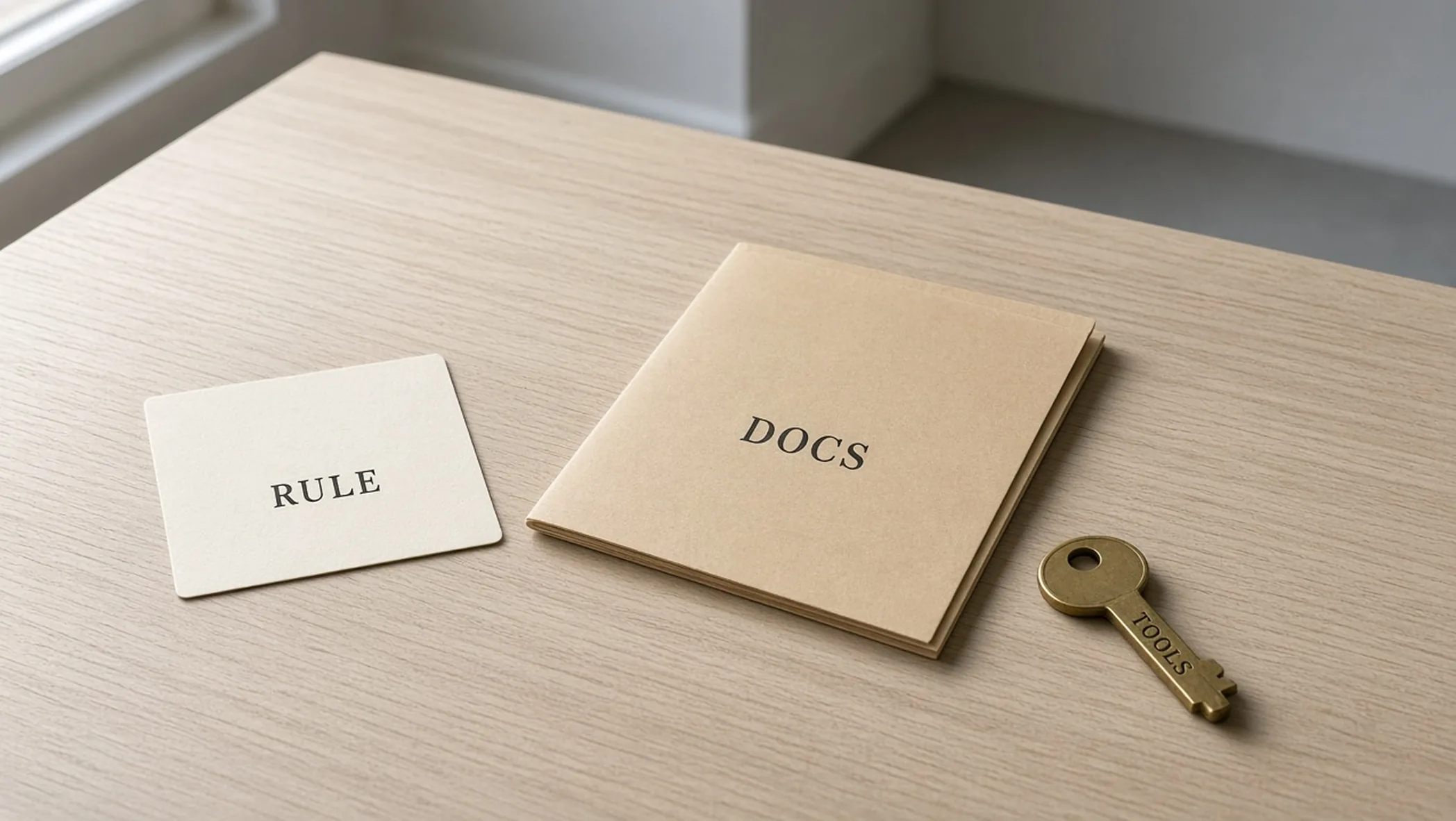 Pale oak table with three spaced objects: a closed index card labeled Rule, a slim manila folder labeled Docs, and a brass key labeled Tools, cool north light, empty room