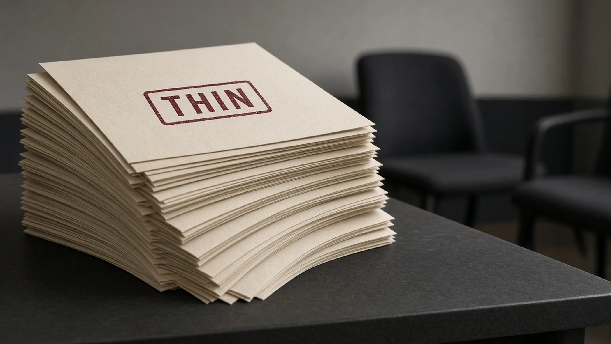 A single thick notebook beside a tall stack of thin blank sheets on an ink-stained desk