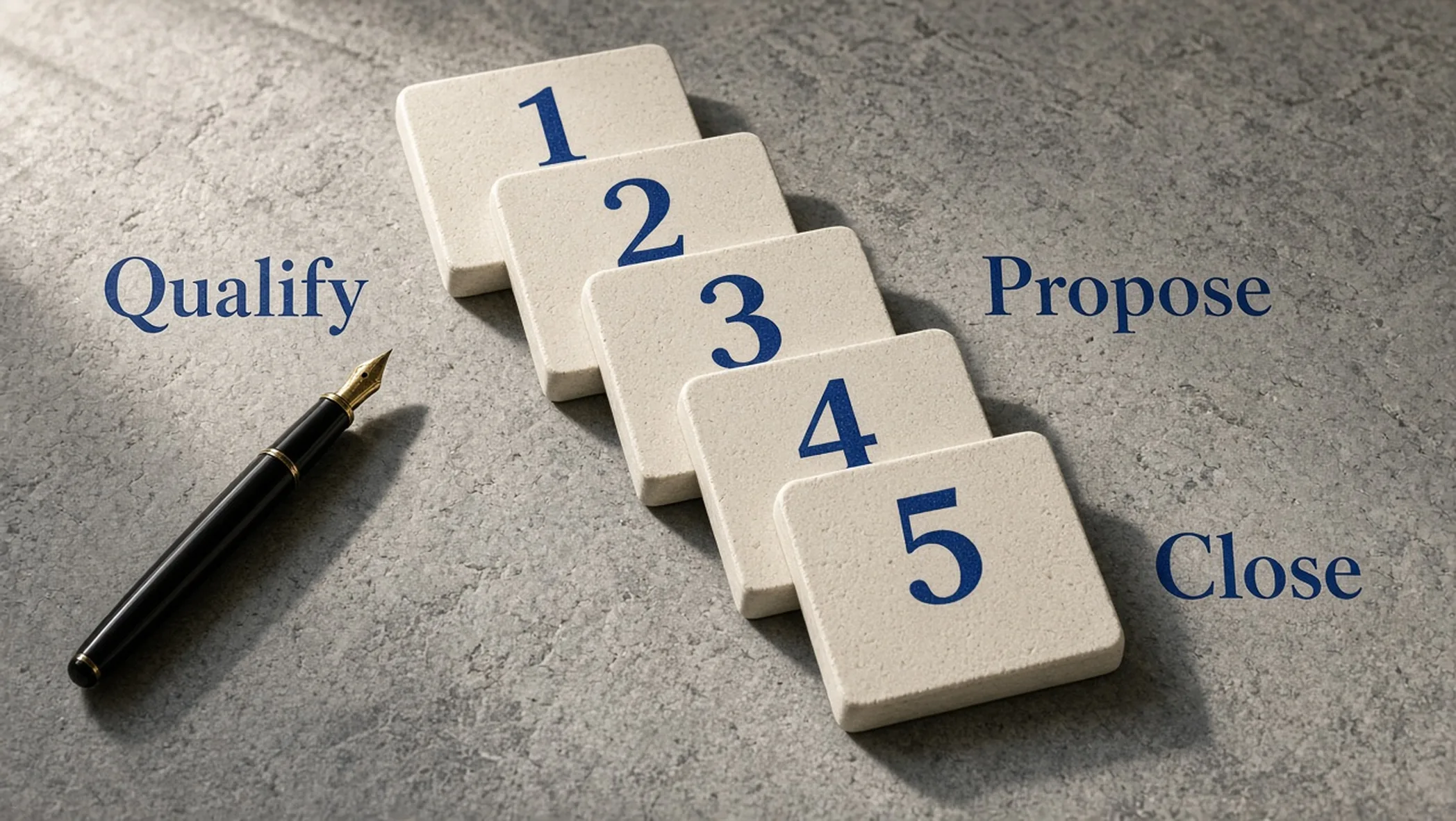 Five oversized cream tiles numbered 1 to 5 on a gray stone desk, labeled Qualify, Propose, Close