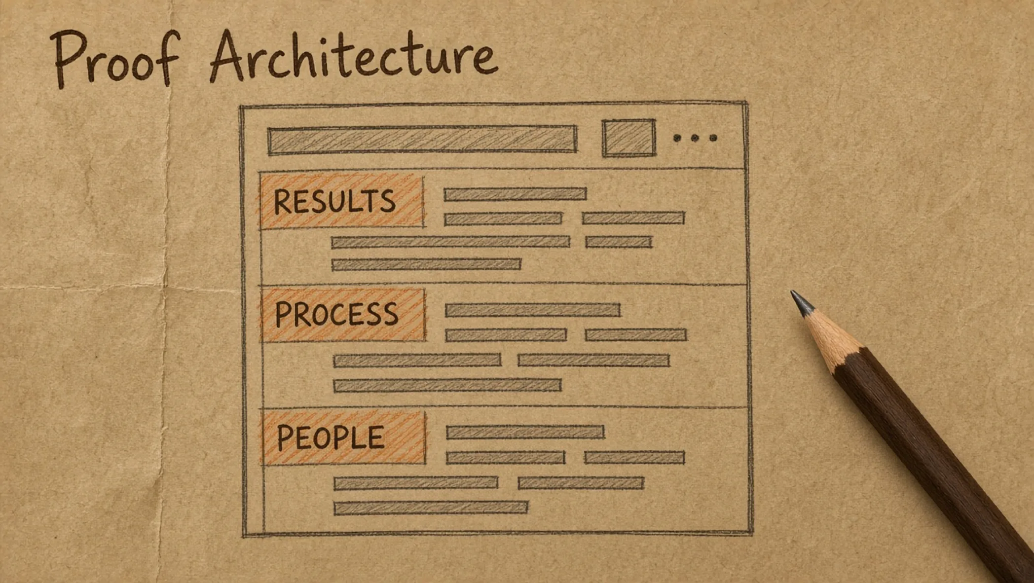 Wireframe page blocks stacked as Proof zones on warm paper, terracotta accent bar