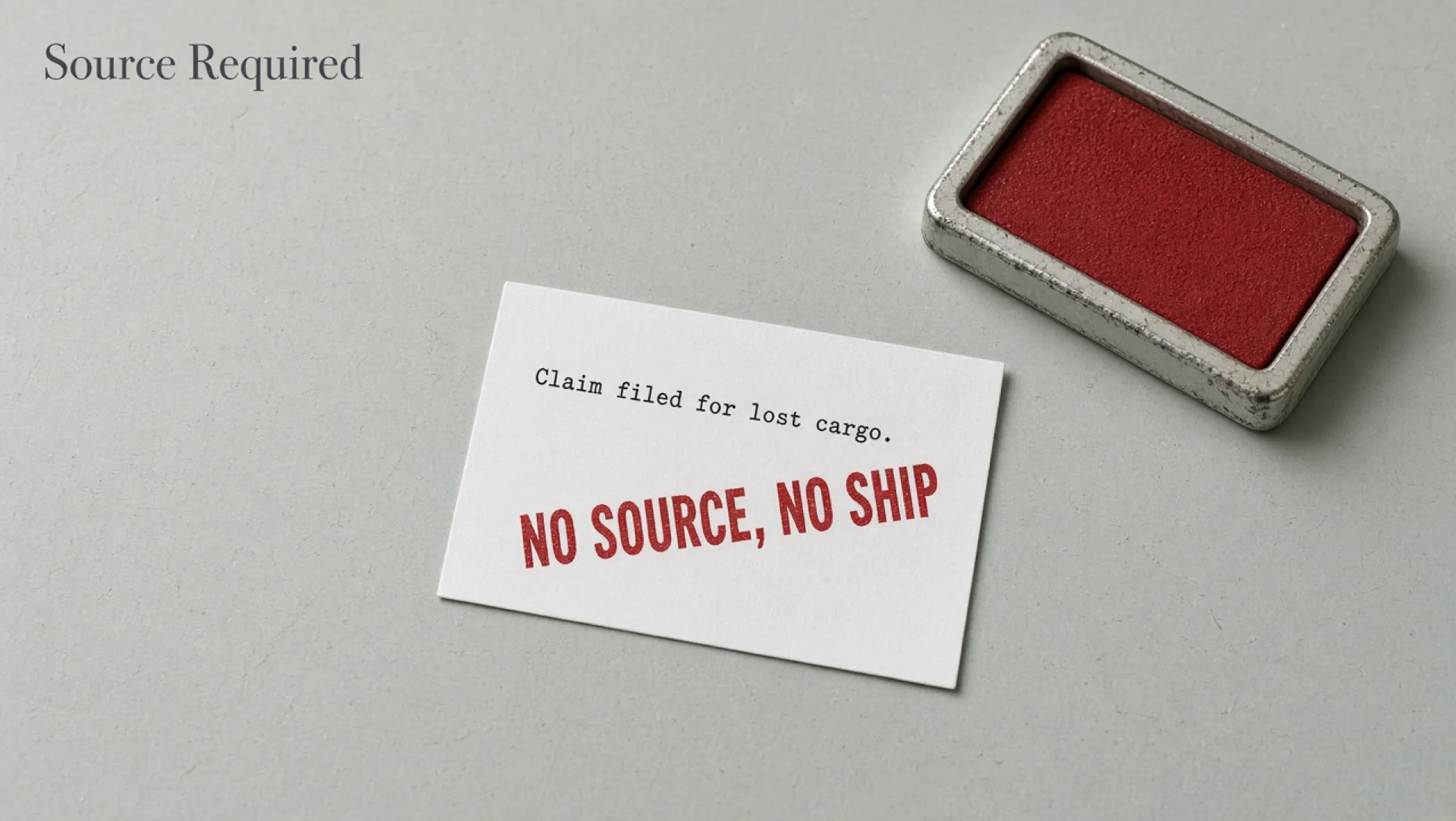 A research memo with a bold NO SOURCE stamp pressed over an unsupported line, beside a neat stack of citation cards