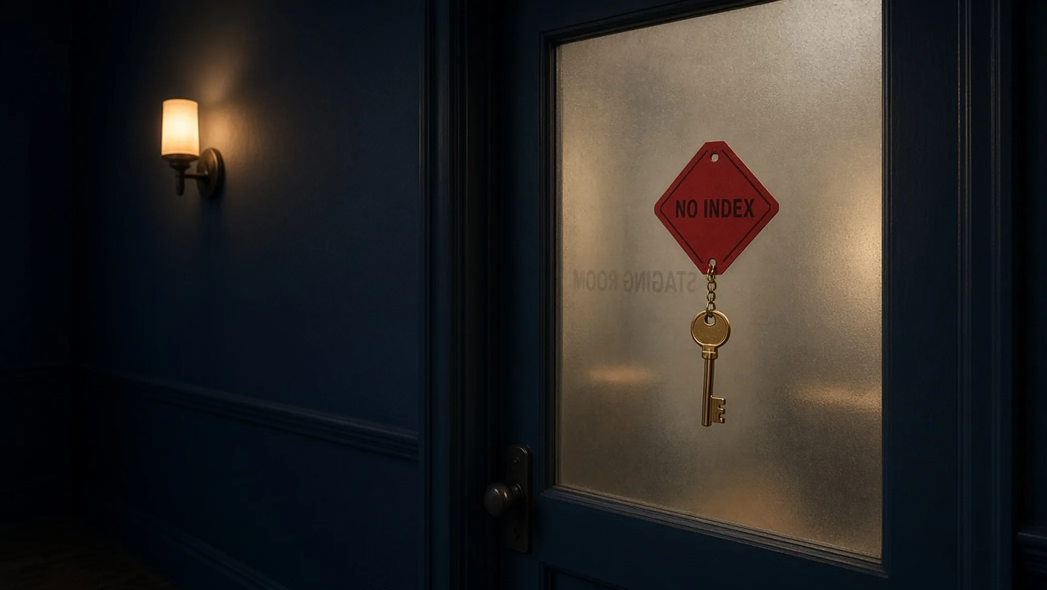A side door with a paper band reading staging and a noindex slip, beside an open front door for the live host