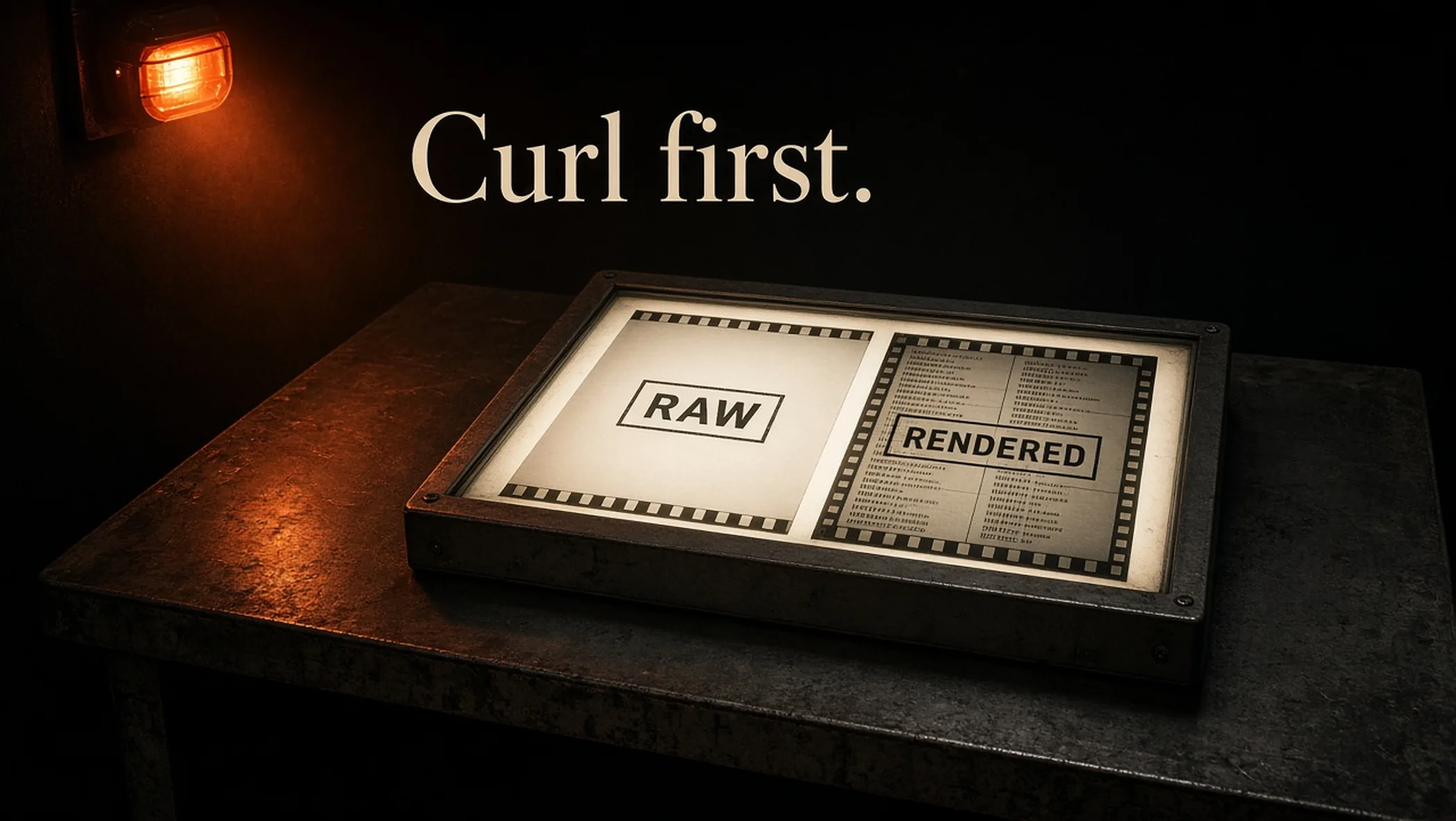 Darkroom lightbox with two films stamped RAW and RENDERED under the title Curl first