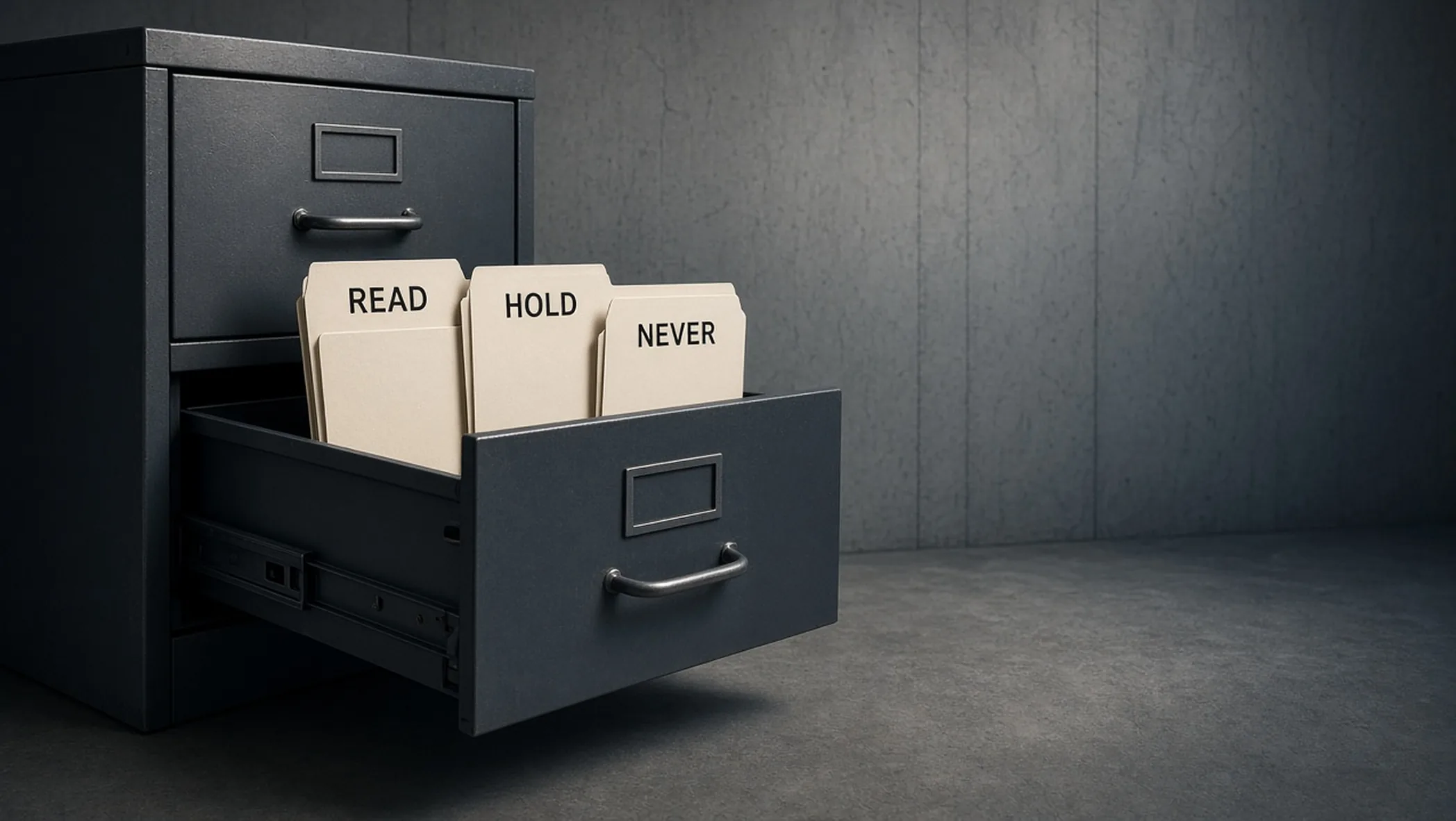 Charcoal steel filing cabinet, top drawer open, three cream folders standing upright labeled Read, Hold, and Never, concrete floor, no other objects