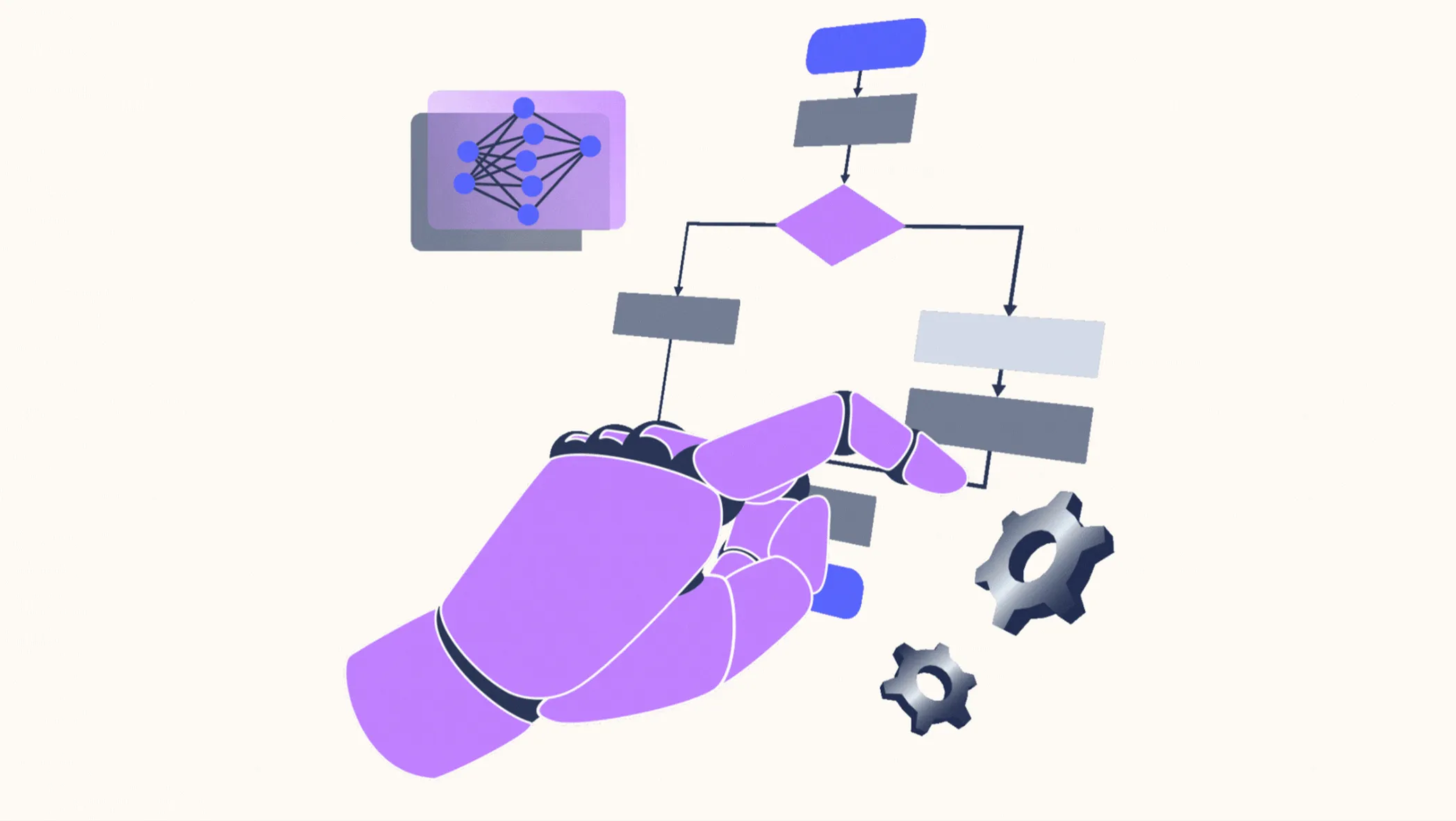 Illustration of a robotic hand pointing at a process flowchart with neural network and gear icons