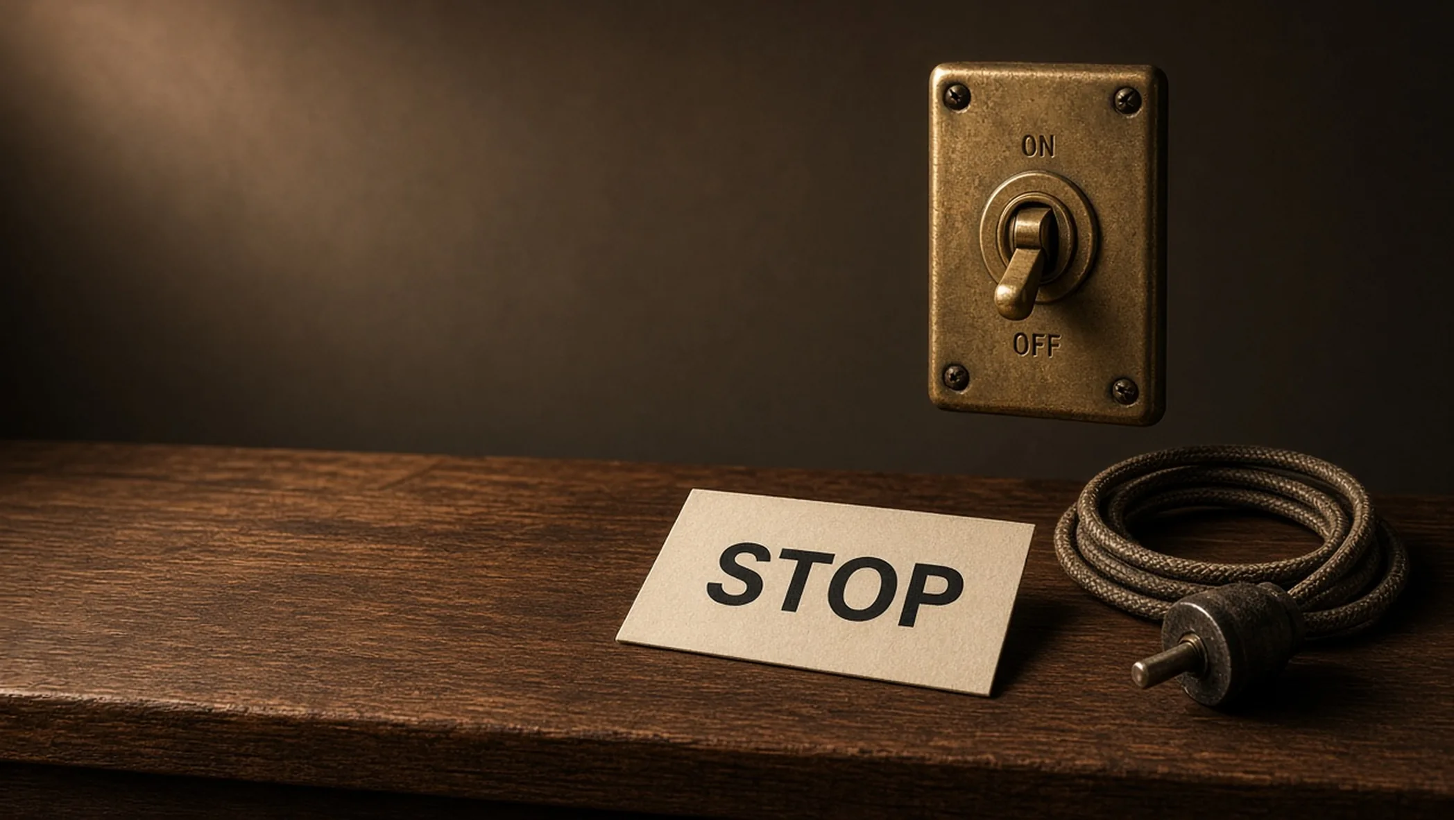 Dark walnut bench with a worn brass toggle switch flipped off and an unplugged cloth-covered cable beside a cream card that reads Stop, side light, empty background